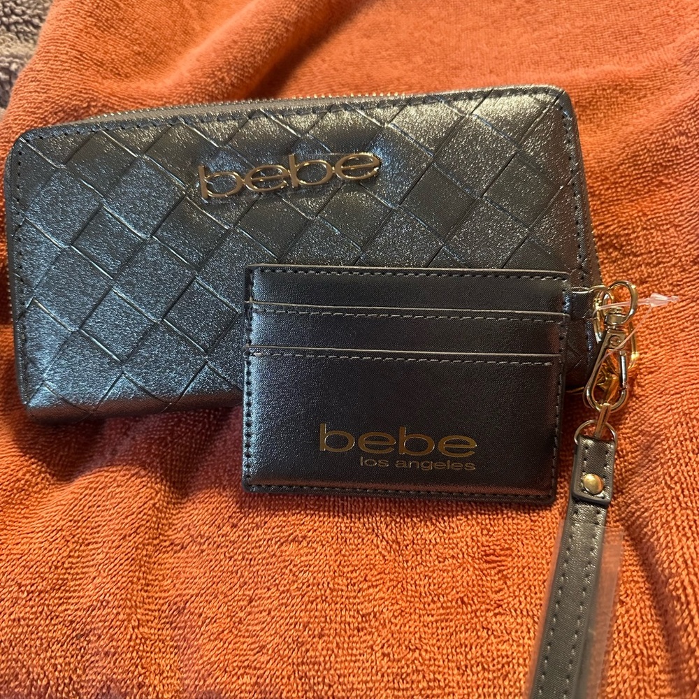 bebe Black Quilted Wallet and Card Holder Set with Gold Accents